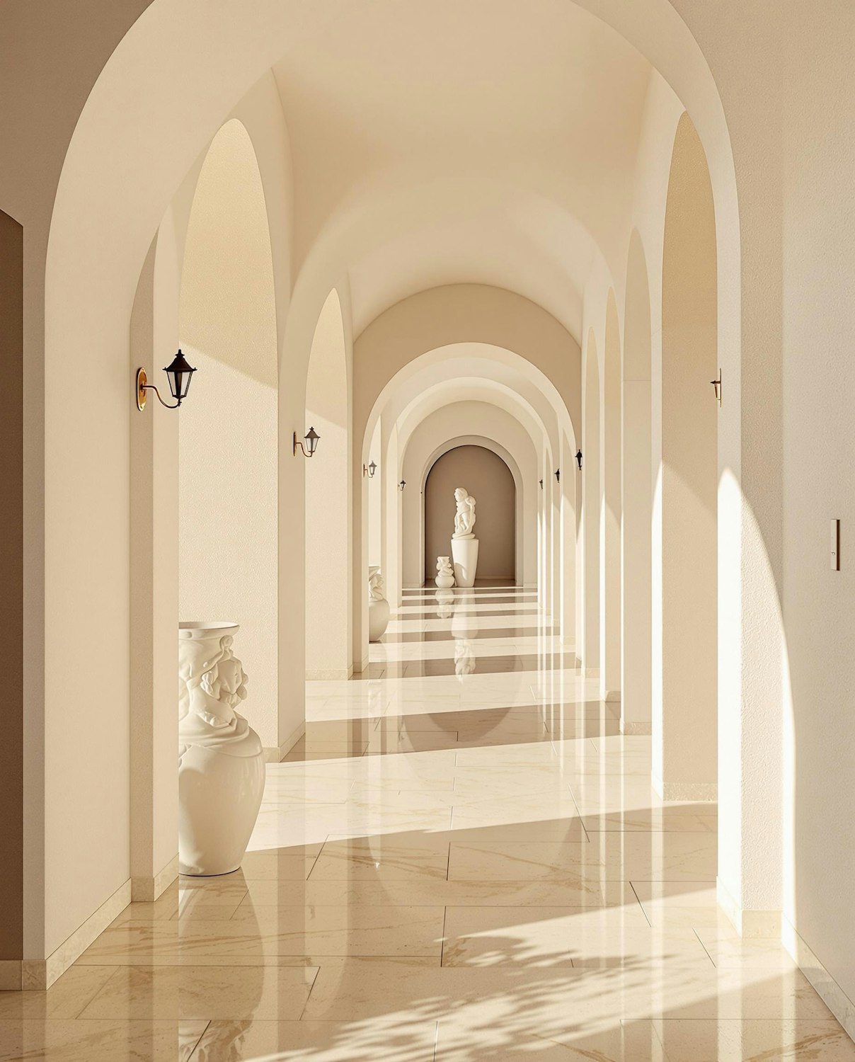 Vaulted arcade of Arkaden Sculpture Gallery with sunlight falling through the arches onto a limestone floor