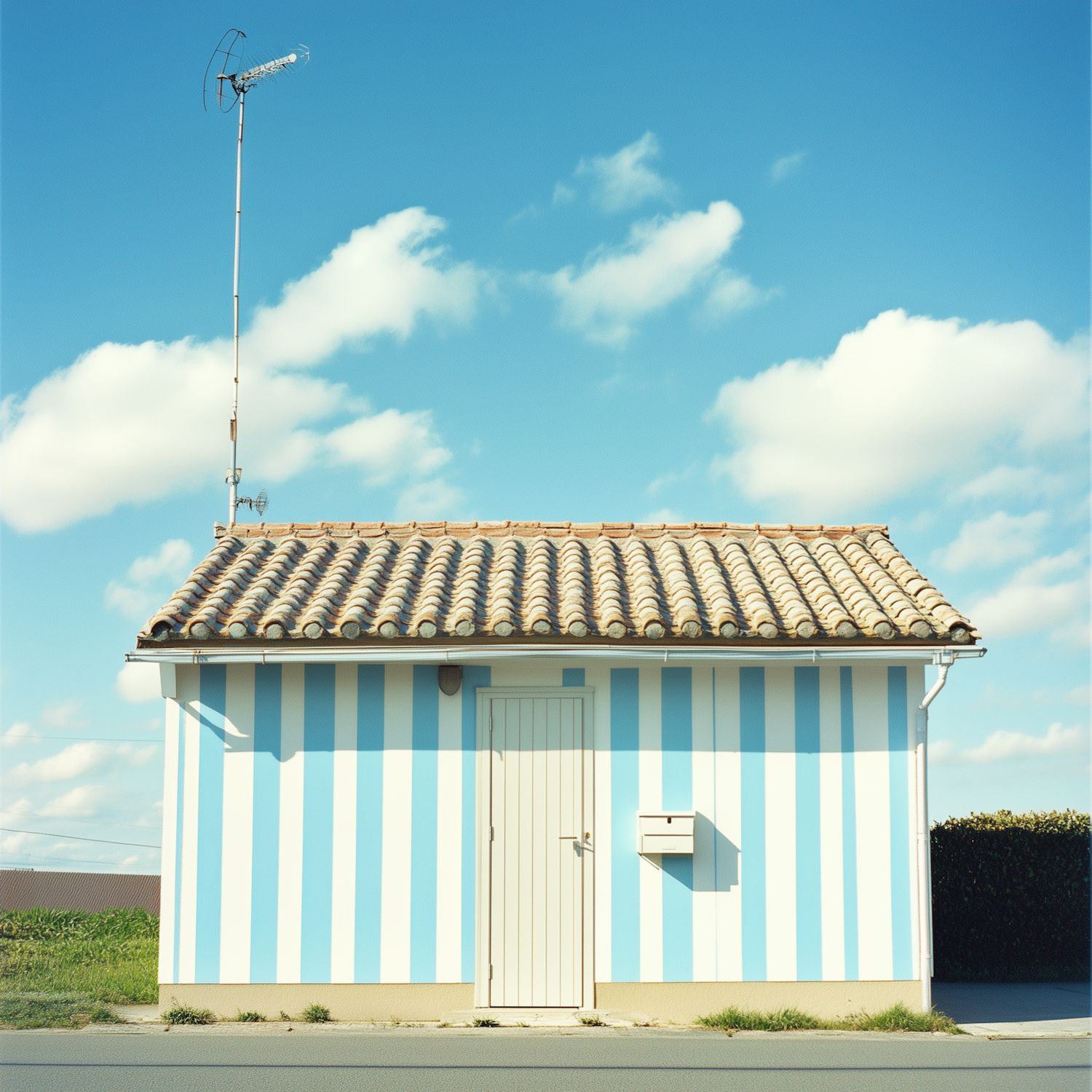 Hornbæk Bathing House with blue and white striped walls under a clay tile roof