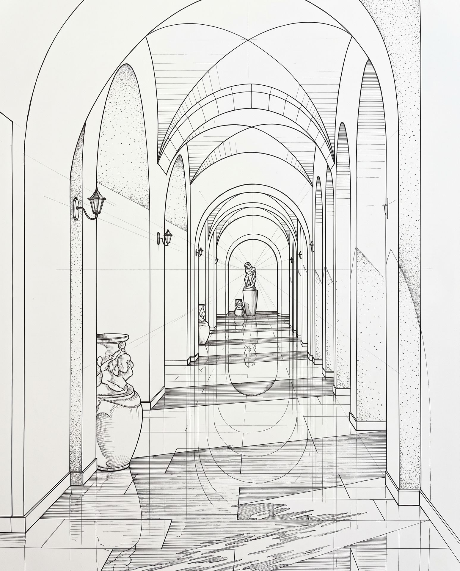 Ink drawing of Arkaden Sculpture Gallery