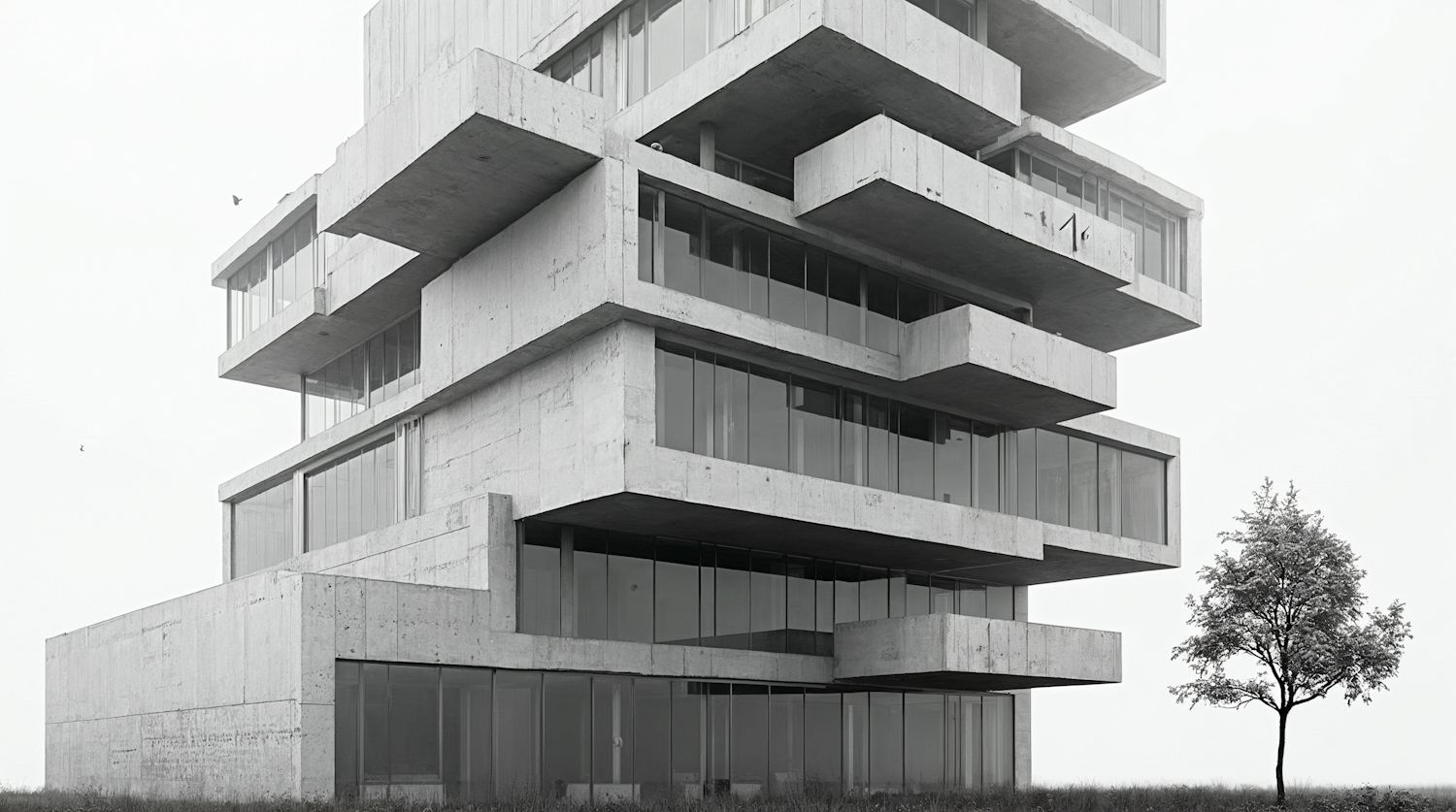 Stacked concrete floors of Stakken Workhouse cantilevering in different directions, with a single tree beside it