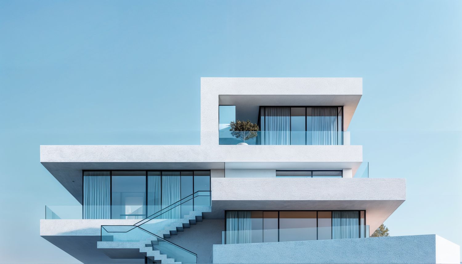 White terraces of Villa Klint stepping out above each other, with an outdoor stair and glass balustrades